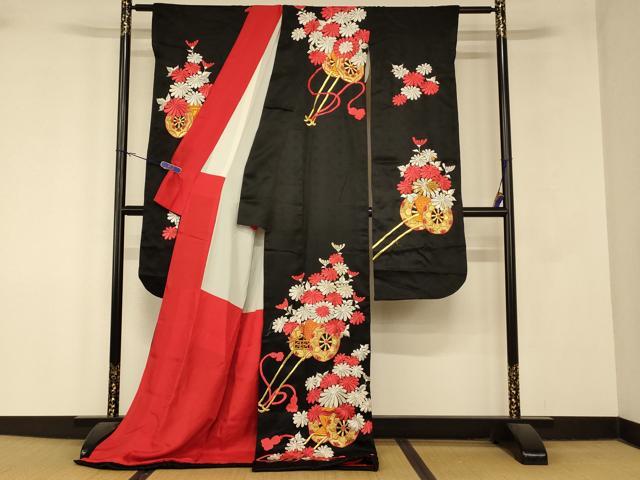 平和屋本店●お引きずり・お引き摺り・引き振袖 和装 結婚式 舞妓 芸妓 芸者 衣装 総刺繍 紐花車文 黒地 金銀糸 逸品 AABM0831fw