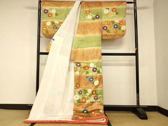 平和屋本店●お引きずり・お引き摺り 訪問着 和装 舞台 舞妓 芸妓 芸者 衣装 駒刺繍 手描き 横段花唐草文 金彩 金銀糸 逸品 AABM0839fw