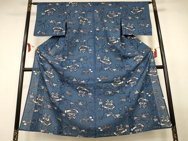 平和屋着物*夏物 小紋 紗紬 藍 型染め 舞蝶花鳥文 正絹 逸品 AABM1003jd