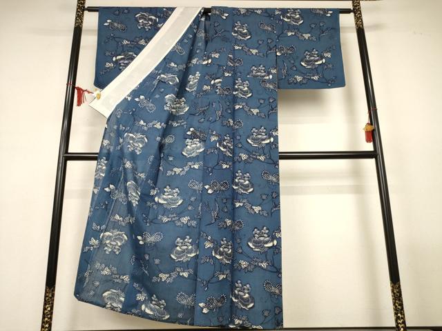 平和屋着物*夏物 小紋 紗紬 藍 型染め 舞蝶花鳥文 正絹 逸品 AABM1003jd