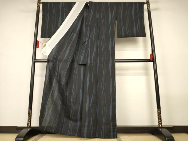 平和屋着物*夏物 小紋 紗 よろけ縞 黒地 やまと誂製 AABM1034jd