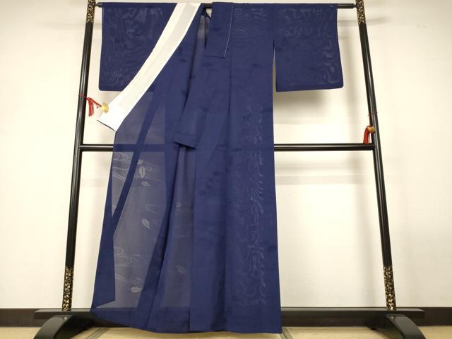 平和屋着物*夏物 色無地 縦絽 流水舞葉紋紗 留紺色 正絹 逸品 AABM1047jd