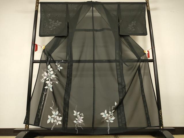 平和屋着物*夏物 訪問着 絽 枝葉文 黒地 洗える着物 AABM1086jd
