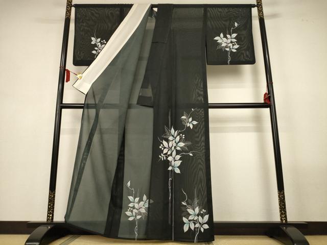 平和屋着物*夏物 訪問着 絽 枝葉文 黒地 洗える着物 AABM1086jd