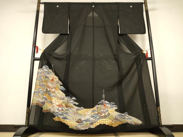 平和屋着物*夏物 黒留袖 絽 駒刺繍 風景文 金彩 正絹 逸品 AABM1088jd