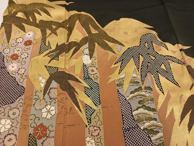 平和屋着物●豪華黒留袖 刺繍 草花文 金彩 正絹 逸品 AABM1124ph