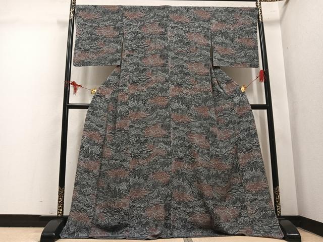 平和屋着物●上質な小紋 型染め 風景草花文 鬼しぼ縮緬 ロング丈 正絹 逸品 未使用 AABM1142ph