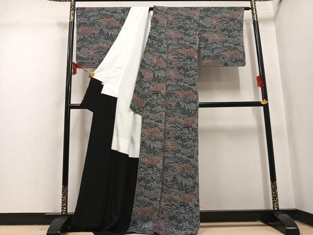 平和屋着物●上質な小紋 型染め 風景草花文 鬼しぼ縮緬 ロング丈 正絹 逸品 未使用 AABM1142ph
