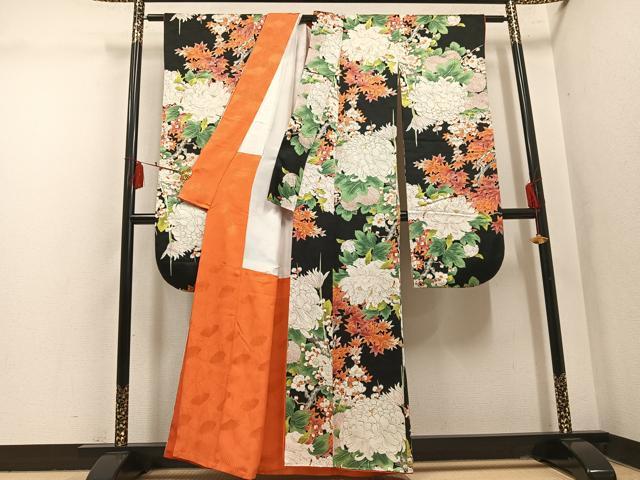 平和屋着物●豪華振袖 草花文 黒地 正絹 逸品 AABM1145ph