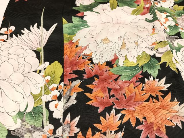 平和屋着物●豪華振袖 草花文 黒地 正絹 逸品 AABM1145ph