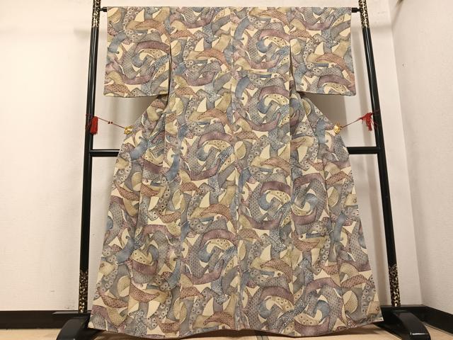 平和屋着物●上質な小紋 型染め 草花文 鬼しぼ縮緬 正絹 逸品 AABM1159ph