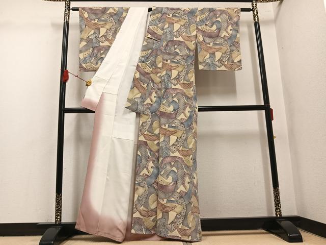 平和屋着物●上質な小紋 型染め 草花文 鬼しぼ縮緬 正絹 逸品 AABM1159ph