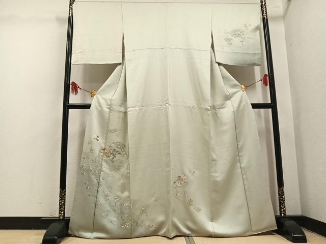 平和屋着物●中国三大刺繍 スワトウ刺繍 汕頭刺繍 総刺繍 訪問着 御所車地紙草花文 金糸 正絹 逸品 AABM1163ph