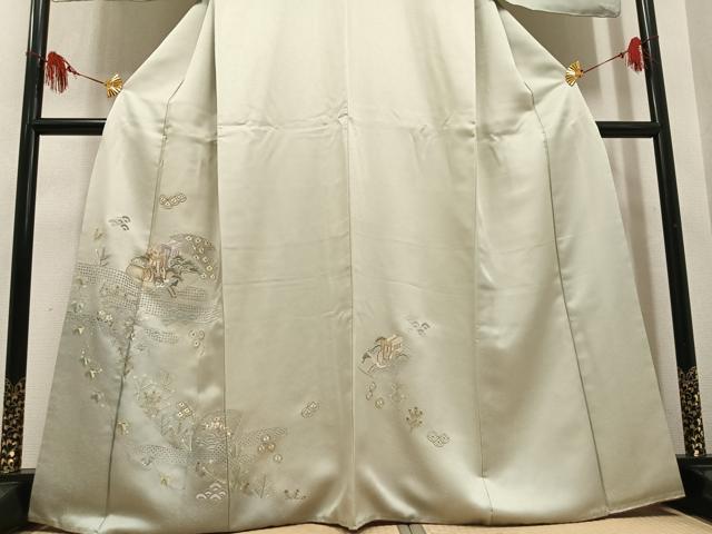 平和屋着物●中国三大刺繍 スワトウ刺繍 汕頭刺繍 総刺繍 訪問着 御所車地紙草花文 金糸 正絹 逸品 AABM1163ph