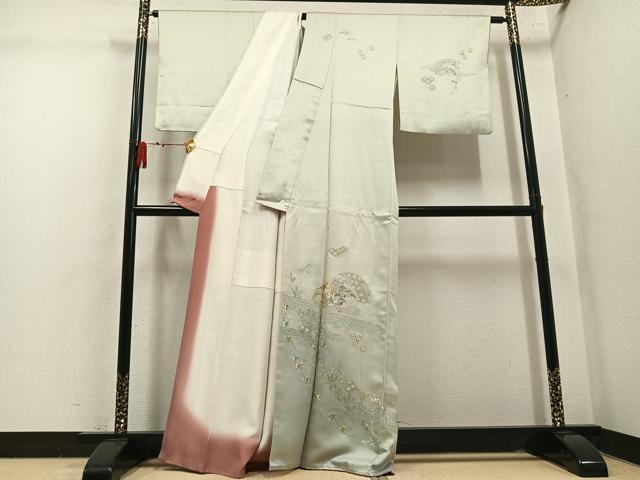 平和屋着物●中国三大刺繍 スワトウ刺繍 汕頭刺繍 総刺繍 訪問着 御所車地紙草花文 金糸 正絹 逸品 AABM1163ph