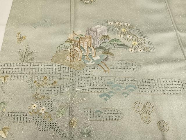 平和屋着物●中国三大刺繍 スワトウ刺繍 汕頭刺繍 総刺繍 訪問着 御所車地紙草花文 金糸 正絹 逸品 AABM1163ph