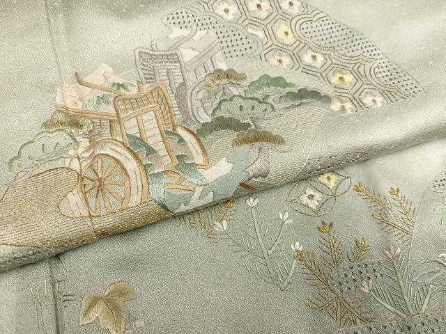平和屋着物●中国三大刺繍 スワトウ刺繍 汕頭刺繍 総刺繍 訪問着 御所車地紙草花文 金糸 正絹 逸品 AABM1163ph