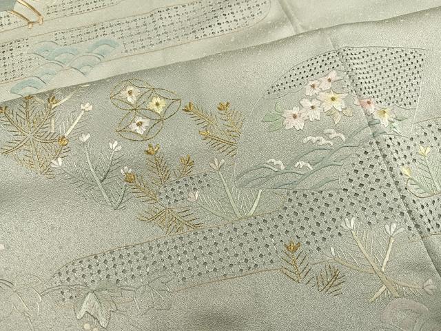 平和屋着物●中国三大刺繍 スワトウ刺繍 汕頭刺繍 総刺繍 訪問着 御所車地紙草花文 金糸 正絹 逸品 AABM1163ph