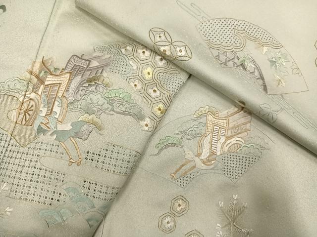 平和屋着物●中国三大刺繍 スワトウ刺繍 汕頭刺繍 総刺繍 訪問着 御所車地紙草花文 金糸 正絹 逸品 AABM1163ph