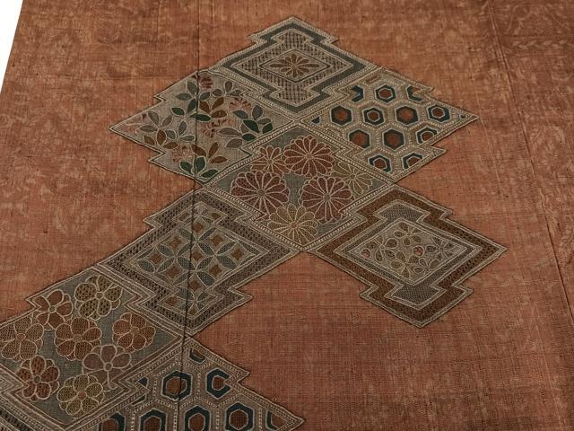 平和屋着物●中国三大刺繍 スワトウ刺繍 汕頭刺繍 総刺繍 訪問着 紬地 松皮菱草花文 正絹 逸品 AABM1203ph