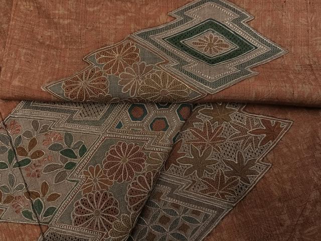 平和屋着物●中国三大刺繍 スワトウ刺繍 汕頭刺繍 総刺繍 訪問着 紬地 松皮菱草花文 正絹 逸品 AABM1203ph