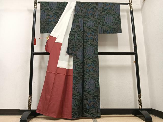 平和屋着物●本場大島紬 風景草花文 正絹 逸品 未使用 AABM1220ph
