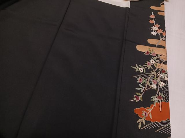 平和屋着物●豪華黒留袖 作家物 駒刺繍 群れ鶴草花文 金彩 正絹 逸品 AABM1236ph