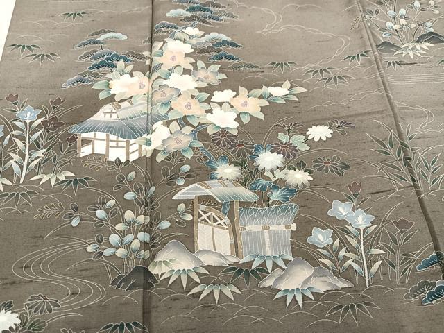 平和屋着物●訪問着 友禅 作家物 紬地 風景草花文 暈し染め 正絹 逸品 AABM1240ph