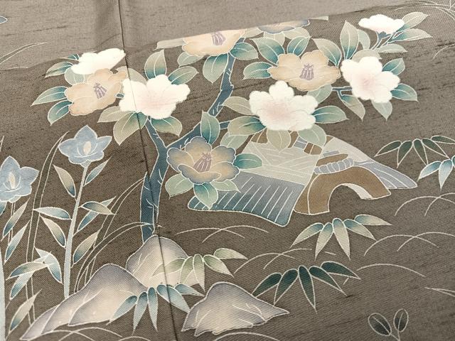 平和屋着物●訪問着 友禅 作家物 紬地 風景草花文 暈し染め 正絹 逸品 AABM1240ph