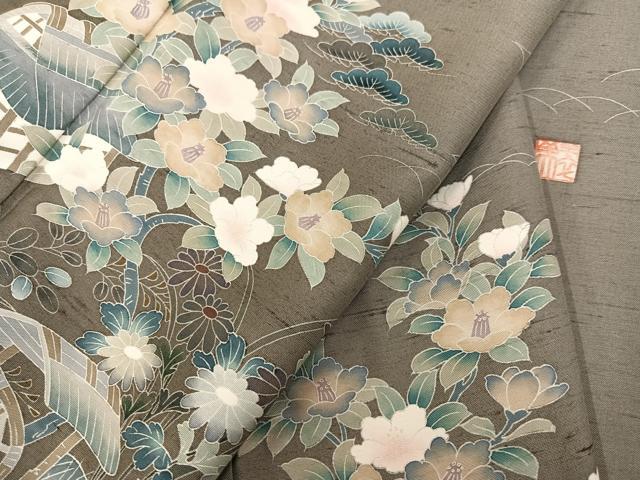 平和屋着物●訪問着 友禅 作家物 紬地 風景草花文 暈し染め 正絹 逸品 AABM1240ph