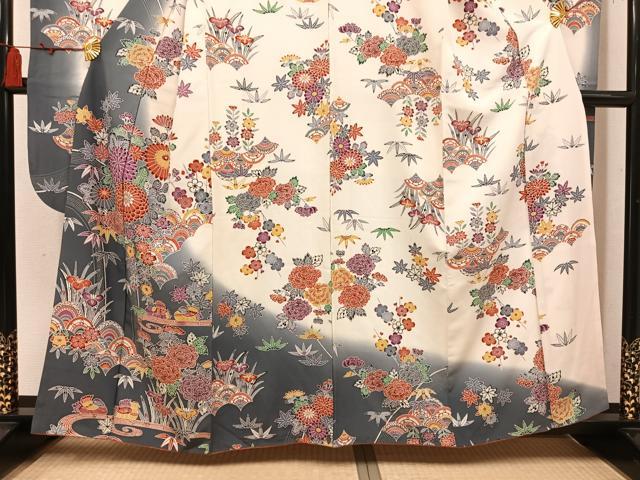 平和屋着物●豪華振袖 型染め 流水鴛鴦花文 暈し染め 正絹 逸品 AABM1265ph