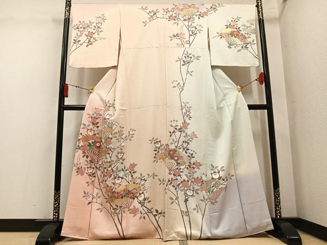 平和屋着物●訪問着 駒刺繍 扇面枝花文 暈し染め 金彩 正絹 逸品 AABM1272ph