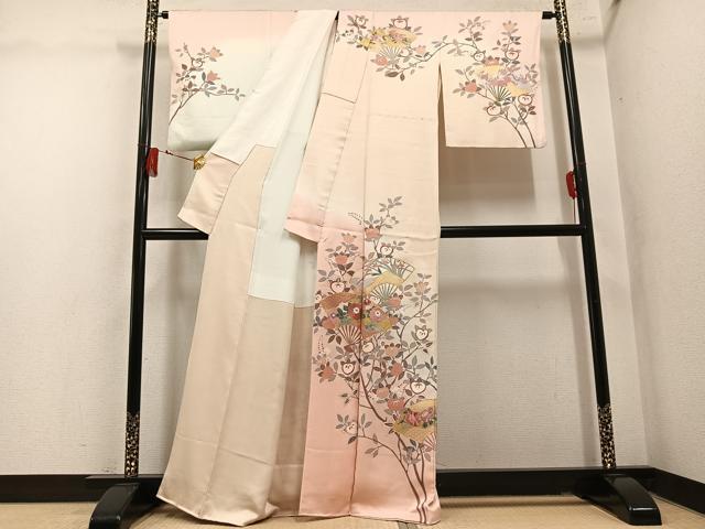 平和屋着物●訪問着 駒刺繍 扇面枝花文 暈し染め 金彩 正絹 逸品 AABM1272ph
