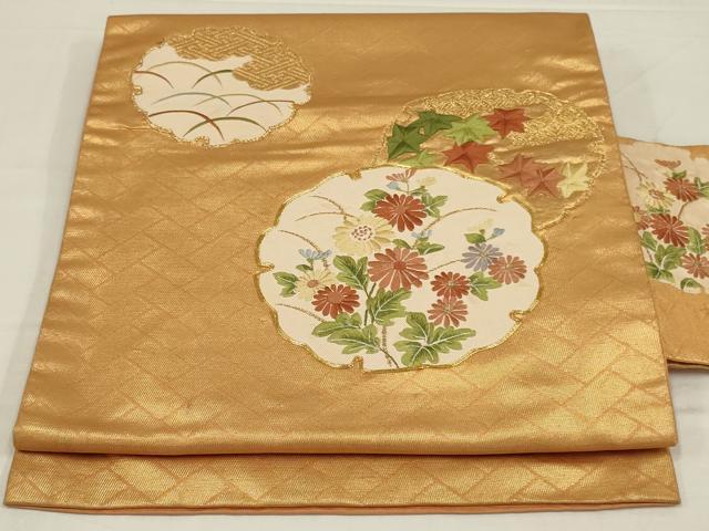 平和屋着物◎九寸名古屋帯 駒刺繍 雪輪花文 金糸 正絹 逸品 AABM1403ou