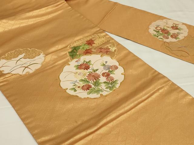 平和屋着物◎九寸名古屋帯 駒刺繍 雪輪花文 金糸 正絹 逸品 AABM1403ou