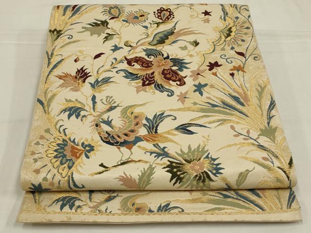 平和屋着物◎六通柄 本袋帯 更紗花鳥文 金糸 正絹 逸品 AABM1411ou