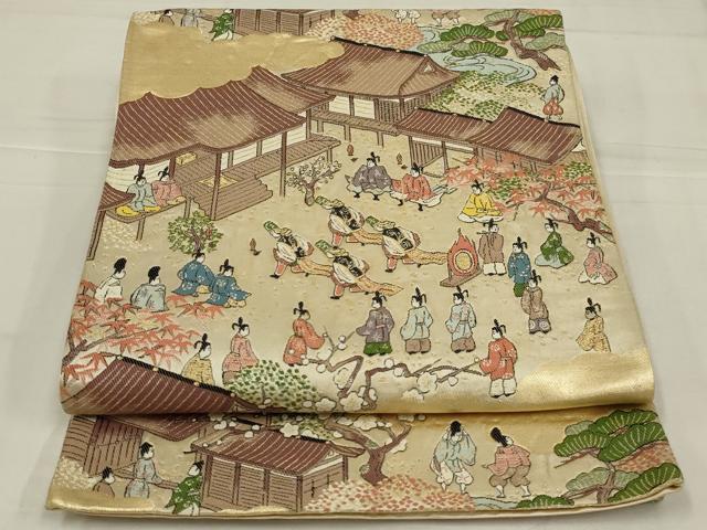 平和屋着物◎六通柄袋帯 唐織 水名所絵の内 人物風景文 金糸 正絹 逸品 AABM1416ou