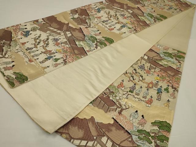 平和屋着物◎六通柄袋帯 唐織 水名所絵の内 人物風景文 金糸 正絹 逸品 AABM1416ou