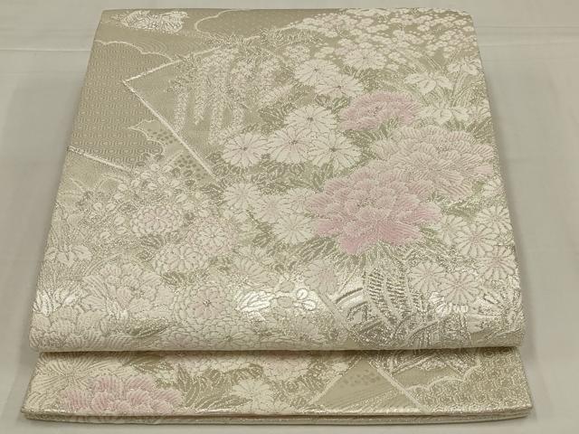 平和屋着物◎六通柄袋帯 唐織 吉祥流水花調文 銀糸 正絹 逸品 AABM1428ou