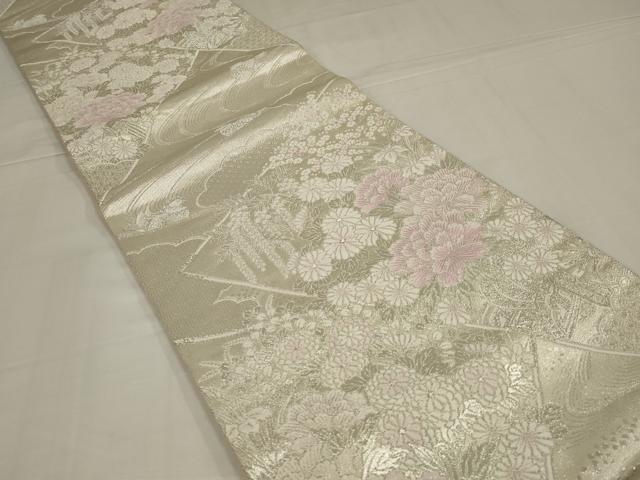 平和屋着物◎六通柄袋帯 唐織 吉祥流水花調文 銀糸 正絹 逸品 AABM1428ou
