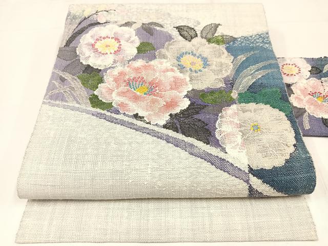 平和屋着物◎八寸名古屋帯 紬地 草花文 金糸 正絹 逸品 AABM1454bw