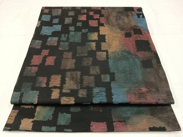 平和屋着物◎九寸開き名古屋帯 格子 黒地 正絹 逸品 AABM1465bw