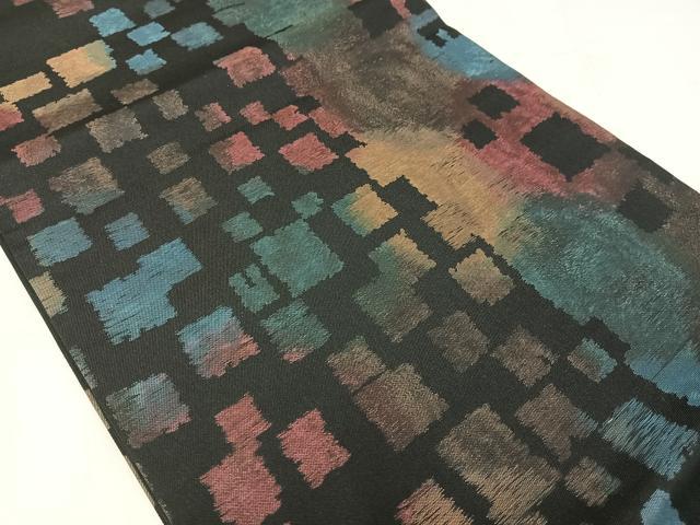 平和屋着物◎九寸開き名古屋帯 格子 黒地 正絹 逸品 AABM1465bw