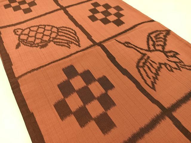 平和屋着物◎全通柄袋帯 雀茶色 亀鶴 正絹 逸品 AABM1472bw