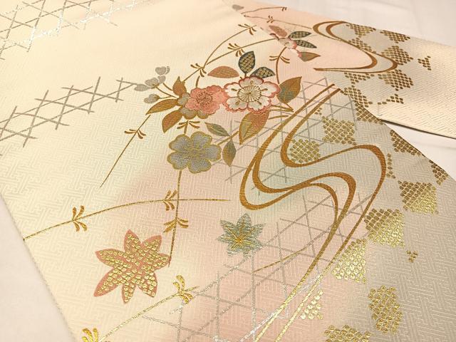 平和屋着物◎九寸名古屋帯 刺繍 流水花文 金銀彩 金糸 正絹 逸品 AABM1479bw