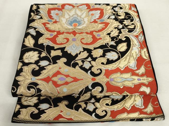 平和屋着物◎六通柄袋帯 唐織 更紗花文 黒地 金銀糸 正絹 逸品 AABM1486od