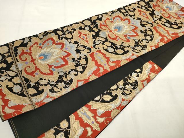 平和屋着物◎六通柄袋帯 唐織 更紗花文 黒地 金銀糸 正絹 逸品 AABM1486od