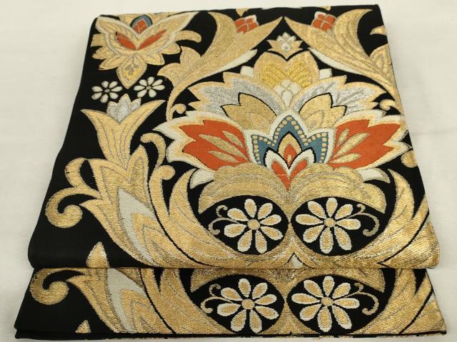 平和屋着物◎六通柄 本袋帯 唐織 更紗花文 黒地 金銀糸 正絹 逸品 AABM1489od