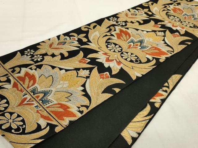 平和屋着物◎六通柄 本袋帯 唐織 更紗花文 黒地 金銀糸 正絹 逸品 AABM1489od