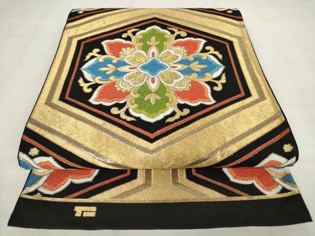 平和屋着物◎六通柄 本袋帯 唐織 亀甲花文 黒地 金糸 正絹 逸品 AABM1522od